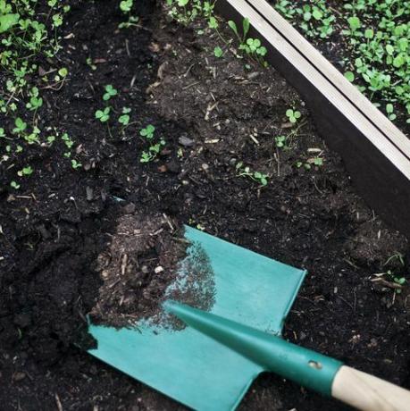 Gartenschaufel und Blumenerde in einem Holzbehälter