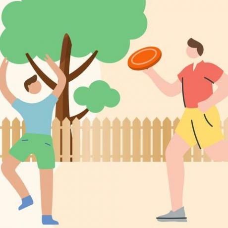 Illustration des Mannes, der Frisbee mit Kind spielt