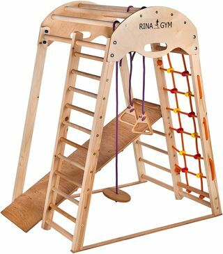 Spielgeräte aus Holz für Kinder bis 1 bis 5 Jahre - Kletternetz, schwedische Leiter, Schaukelringe, Rutsche - Sicherer Holzrahmen - 60 kg Tragfähigkeit