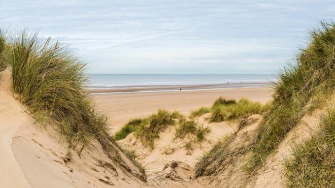 Ein Multibild-Panorama, aufgenommen zwischen zwei Gipfeln in den Sanddünen, mit Blick auf Menschen, die am Formby Beach in der Nähe von Liverpool entlang spazieren