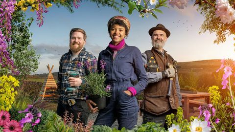 The Great Garden Revolution Channel 4 TV-Moderatoren Bruce Kenneth, Poppy Okotcha und Joel Bird