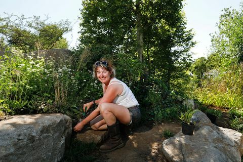 Ann-Marie Powell, Gartendesignerin, arbeitet in ihrem "Countryfile 30th Anniversary Garden" während des Aufbaus der RHS Hampton Court Palace Flower Show 2018 - 29. Juni 2018